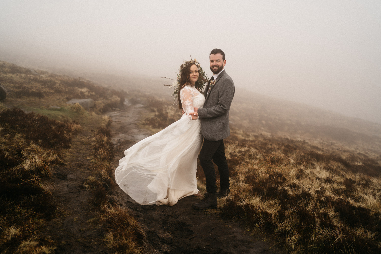 bride and groom hugging Mourne Mountains Wedding Photography