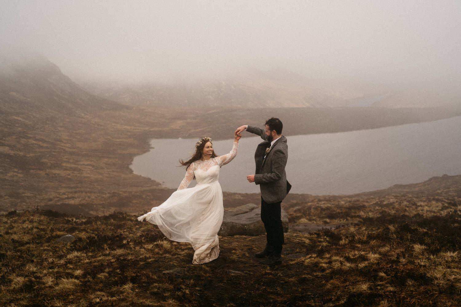 bride and groom dancing over looking lough shannagh Mourne Mountains Wedding Photography