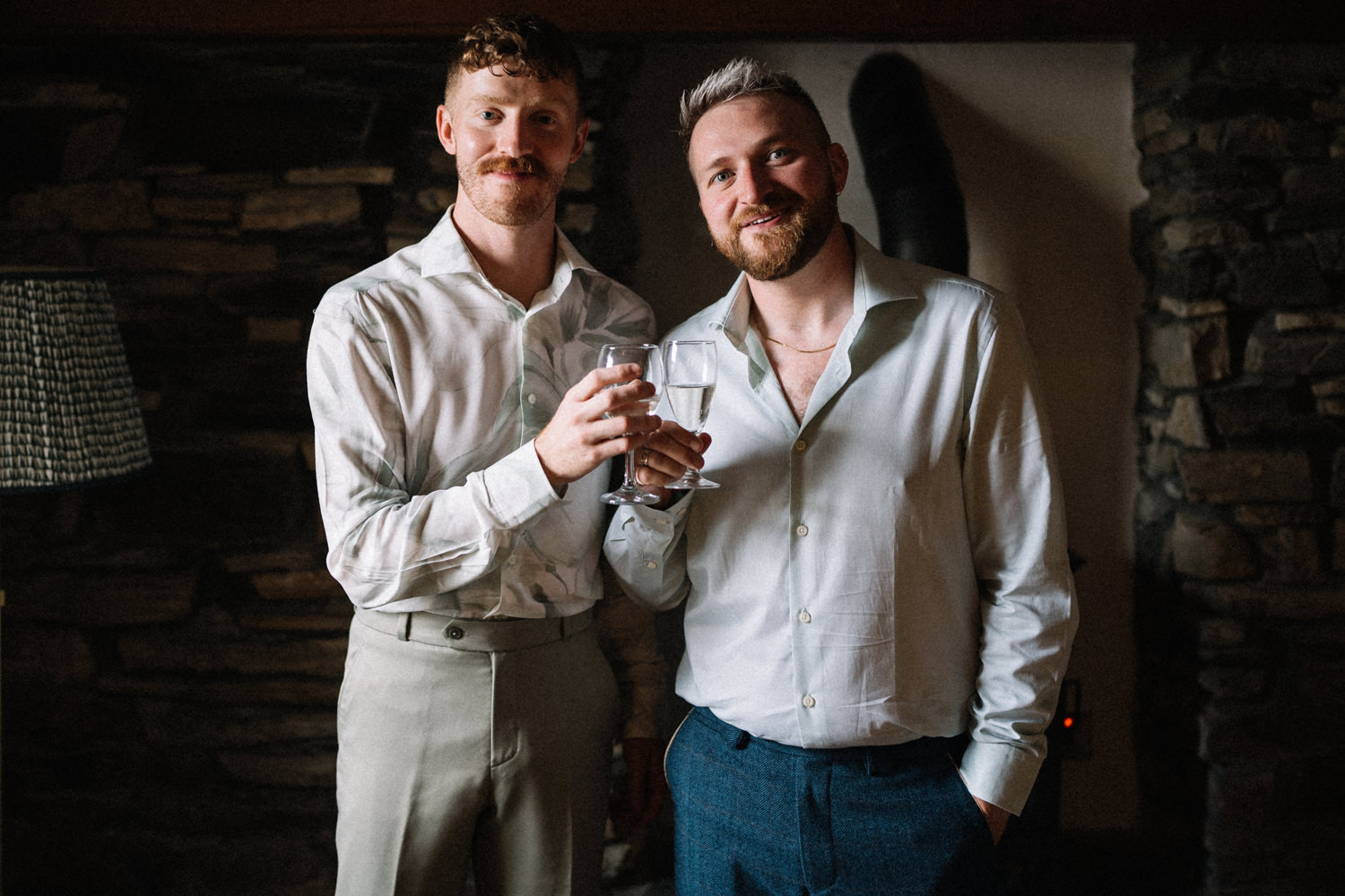 grooms having drinks before ceremony LGBTQ Wedding Photographer Ireland