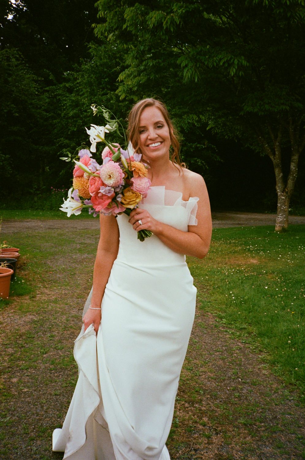 film photograph of bride holding flowers Larchfield Estate Wedding Photos